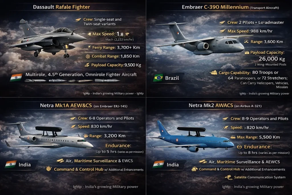Rafale, C-390 Millennium, Netra Mk1A AEW&CS and Netra Mk2 AWACS Indian Air Force