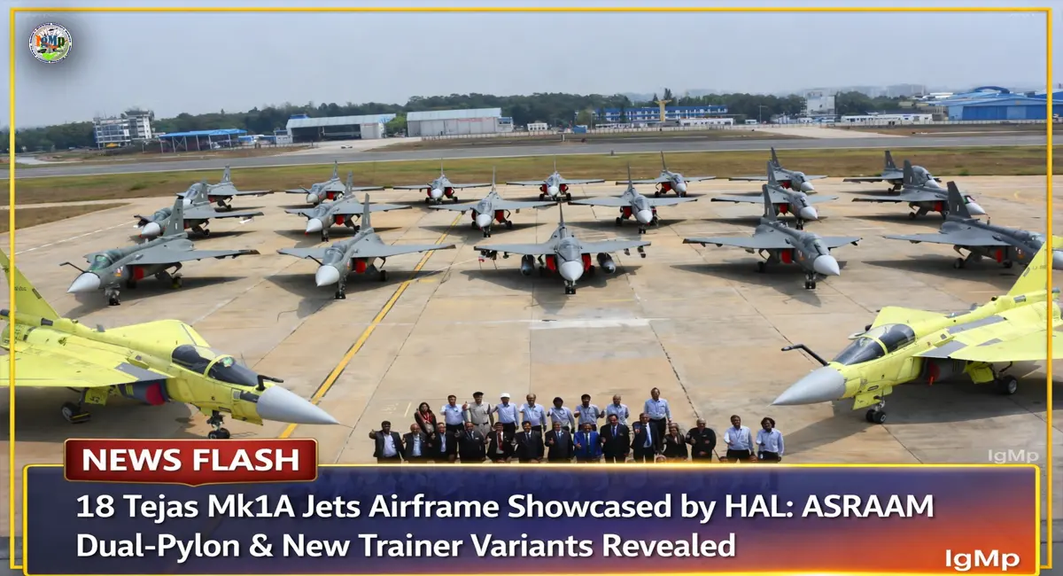 18 Tejas Mk1A Jets Airframe Showcased by HAL: ASRAAM Dual-Pylon & New Trainer Variants Revealed