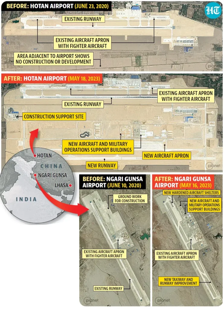Important Hotan and Ngari Gunsa Airbases of China with lots of development in terms of infrastructure was observed post-2020 Galwan war, will now be under 800-km range BrahMos missile target radius (Image Credit: Hindustan Times)